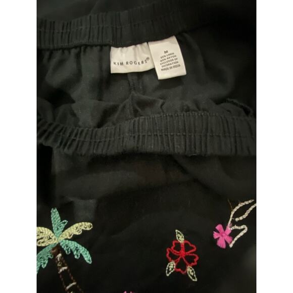 KIM ROGERS Womens M Black Linen Bld Cropped Pants Embroidered Palm Trees Pull On - Picture 5 of 5